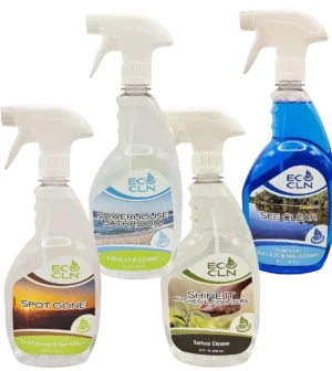 Eco Cln Basics Package with Spot Gone, Powerhouse, Shine-It, and See-Clear quart bottles