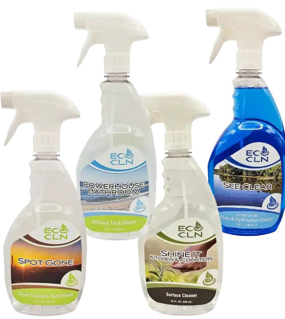 Eco Cln Basics Package with Spot Gone, Powerhouse, Shine-It, and See-Clear quart bottles