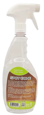 Back label of Eco Cln Spot Gone Carpet and Upholstery Stain Remover 32 oz bottle