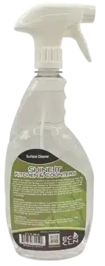 Back label of Eco Cln Shine-It Kitchen Surface Cleaner 32 oz bottle