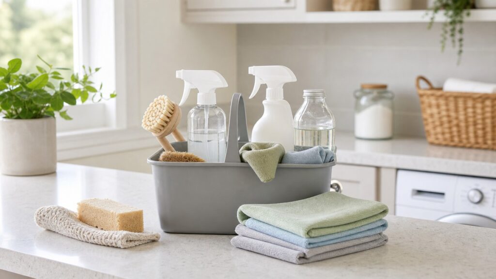 Eco-friendly cleaning products in a simple home cleaning caddy with microfiber cloths.