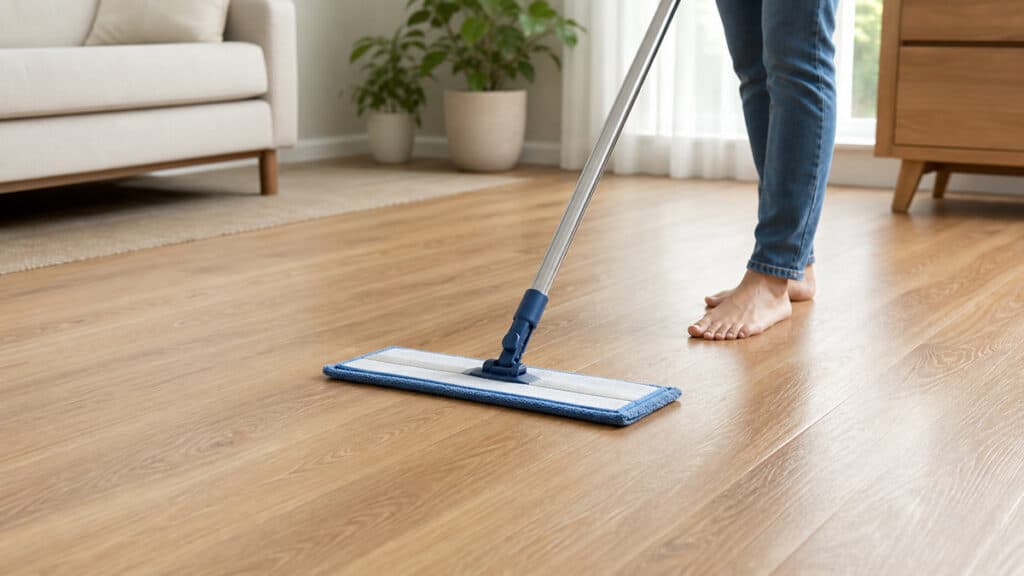 Eco-friendly wood floor cleaning tips with a microfiber mop on sealed wood floors