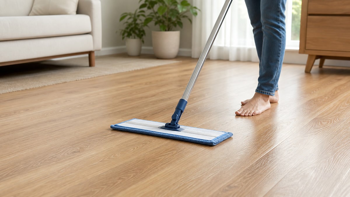 Eco-friendly wood floor cleaning tips with a microfiber mop on sealed wood floors