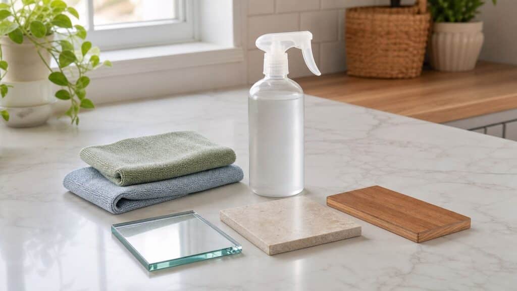Natural household cleaners arranged beside microfiber cloths for choosing the right cleaner by surface.