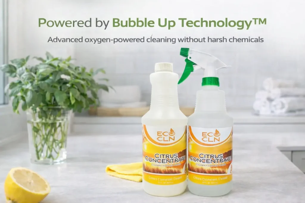 Eco Cln non-toxic cleaning products powered by Bubble Up Technology™, safe for homes, pets, and professional use