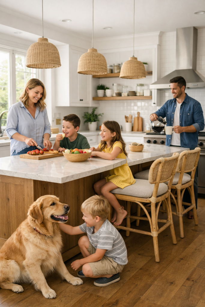 Family in a bright, clean kitchen with children and a dog, showing a safe, eco-friendly home environment.
