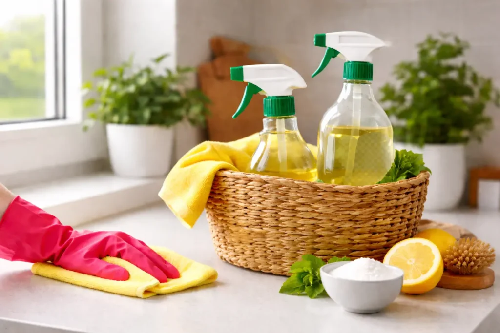 Eco-friendly non-toxic cleaning products used in a bright modern kitchen