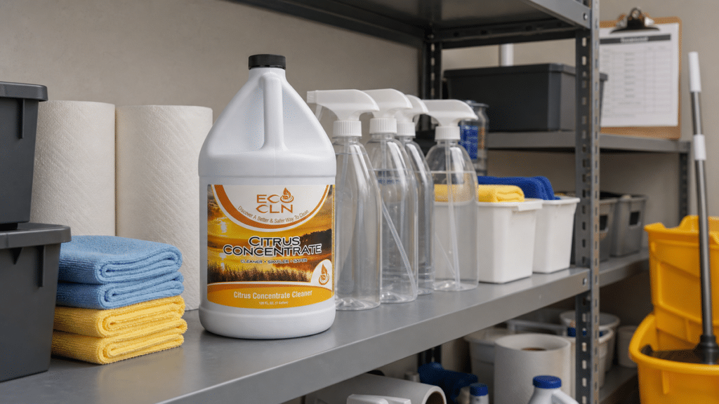 Eco Cln Citrus Concentrate gallon on an office supply shelf with refill spray bottles
