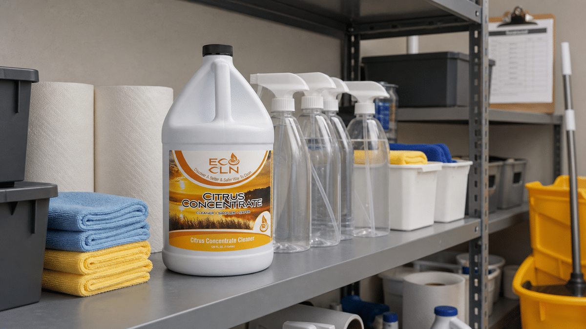 Eco Cln Citrus Concentrate gallon on an office supply shelf with refill spray bottles