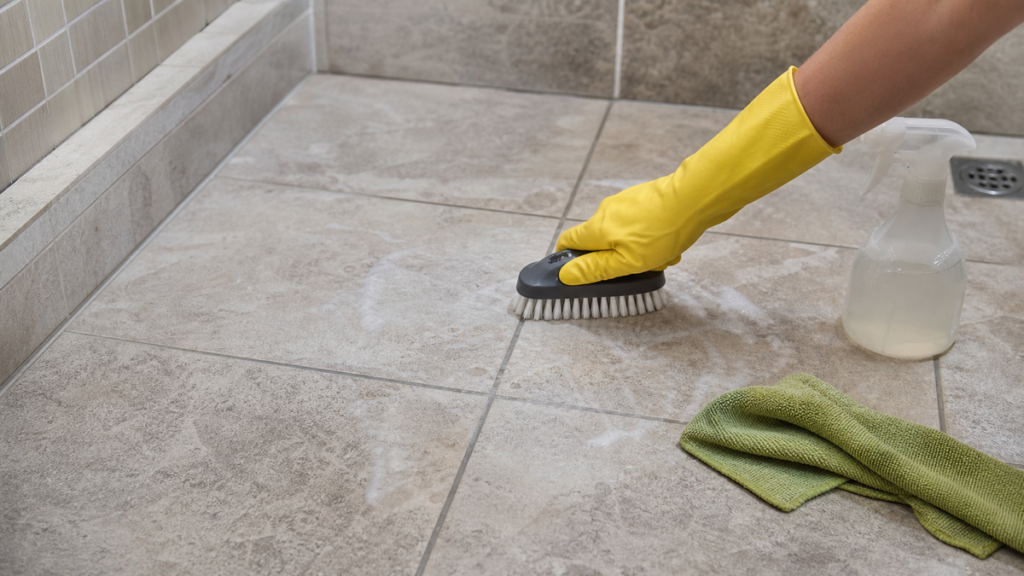 Scrub brush and cloth cleaning dull tile with light residue