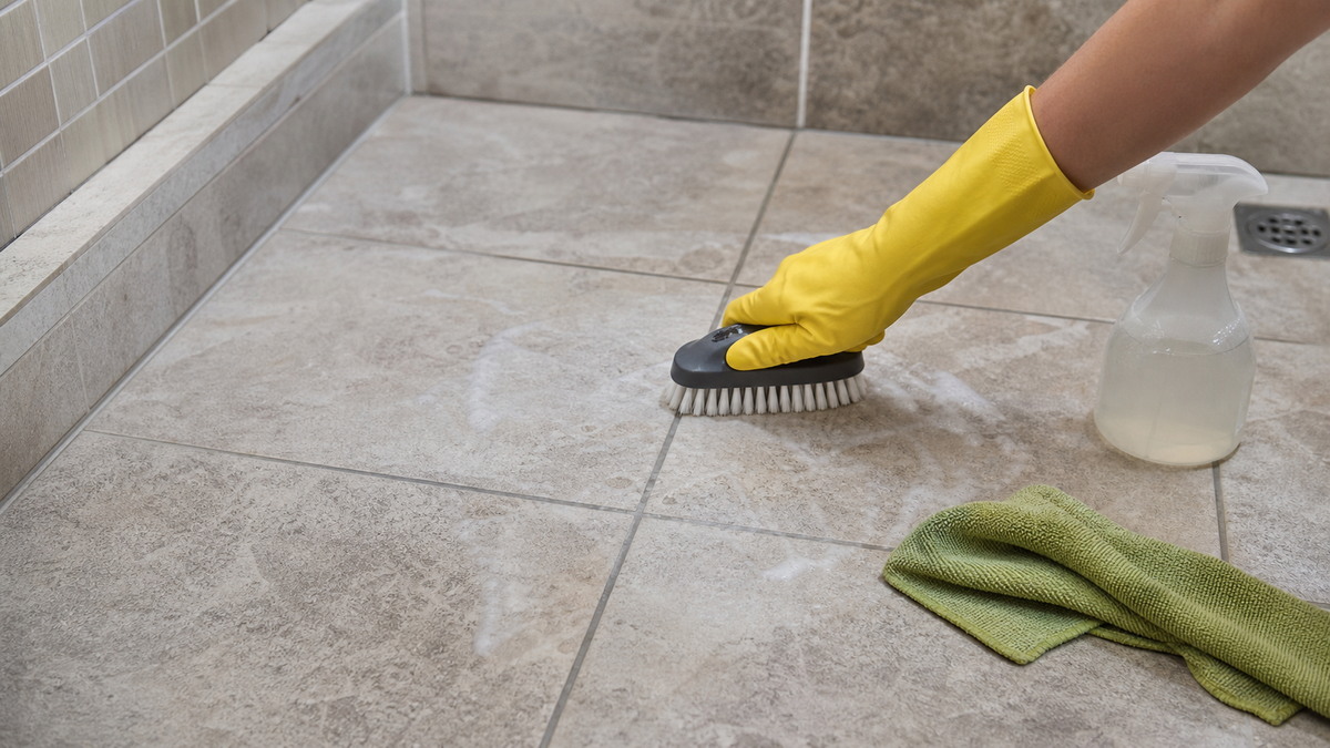 Scrub brush and cloth cleaning dull tile with light residue