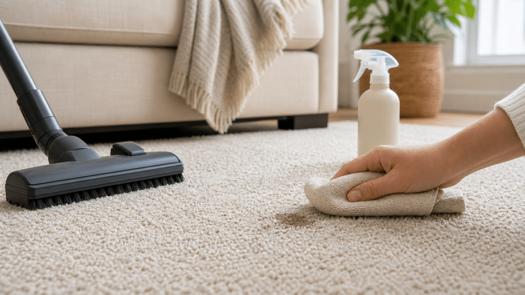 Clean carpet with towel and cleaning tools for eco friendly carpet cleaning tips