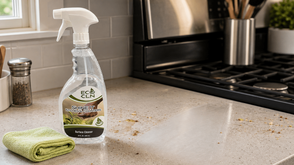 Kitchen surface cleaner on a counter with Eco Cln Shine-It and a microfiber cloth