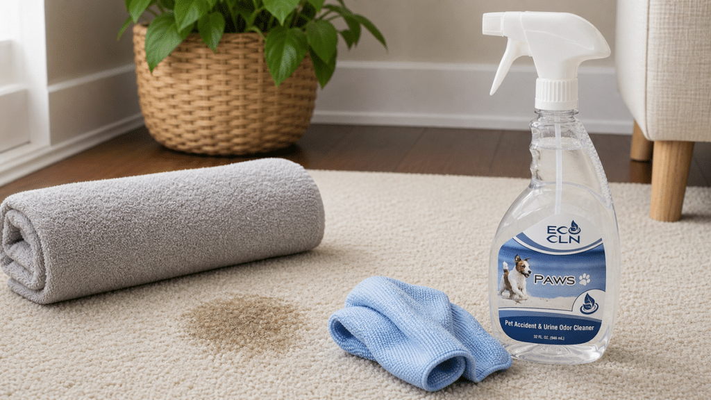 Pet accident cleaner setup with Eco Cln PAWS, towel, and microfiber cloth