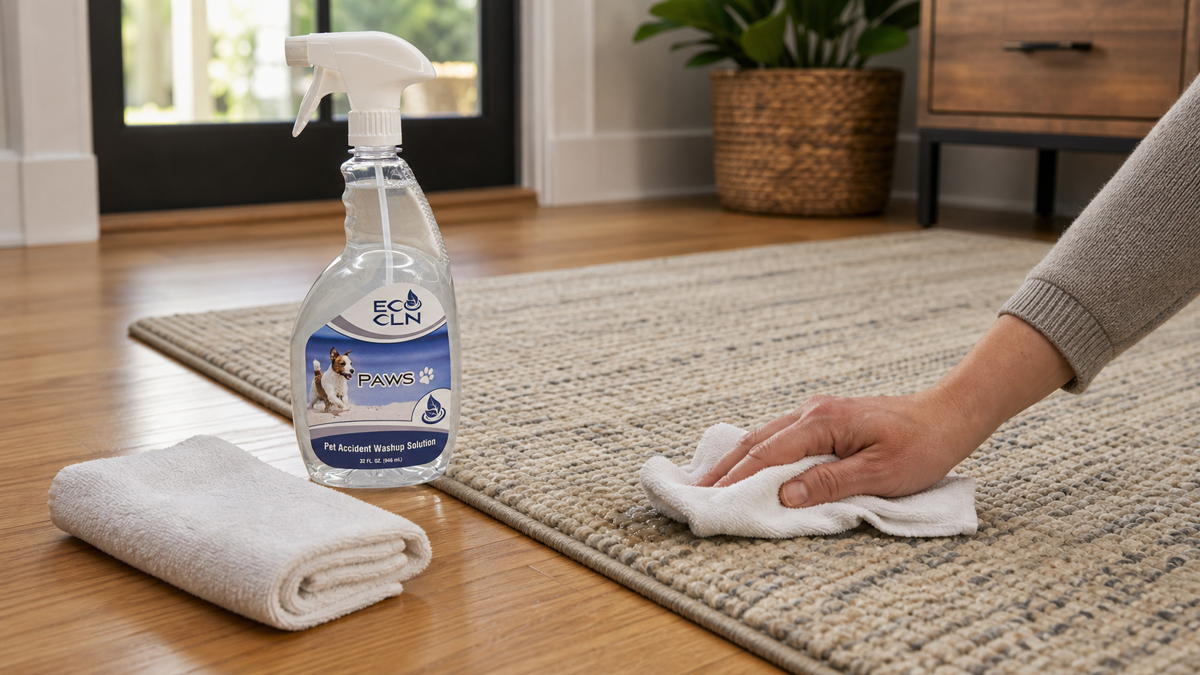 Eco Cln PAWS beside towels for pet accident cleanup on a hard floor and area rug