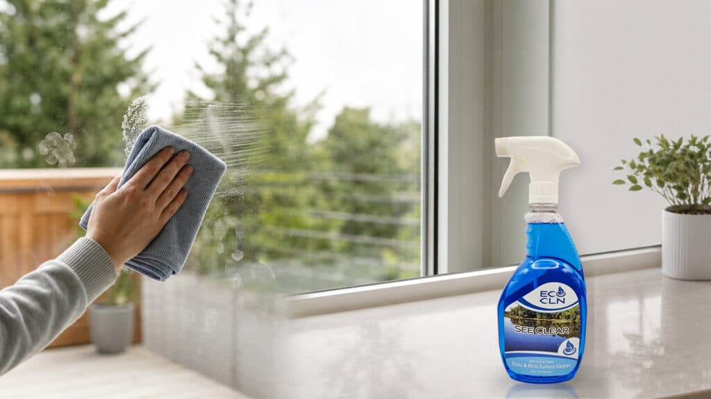 Eco Cln See-Clear ammonia-free glass cleaner beside a window being wiped with a microfiber cloth