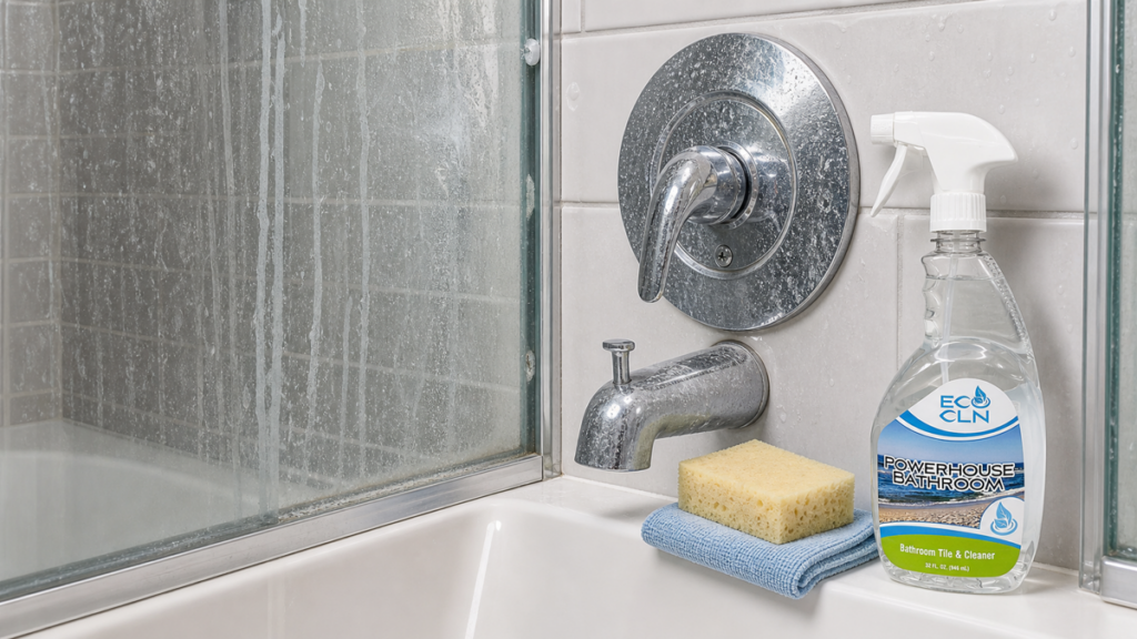 Eco Cln Powerhouse Bathroom beside soap scum vs hard water stains on shower glass and chrome fixtures