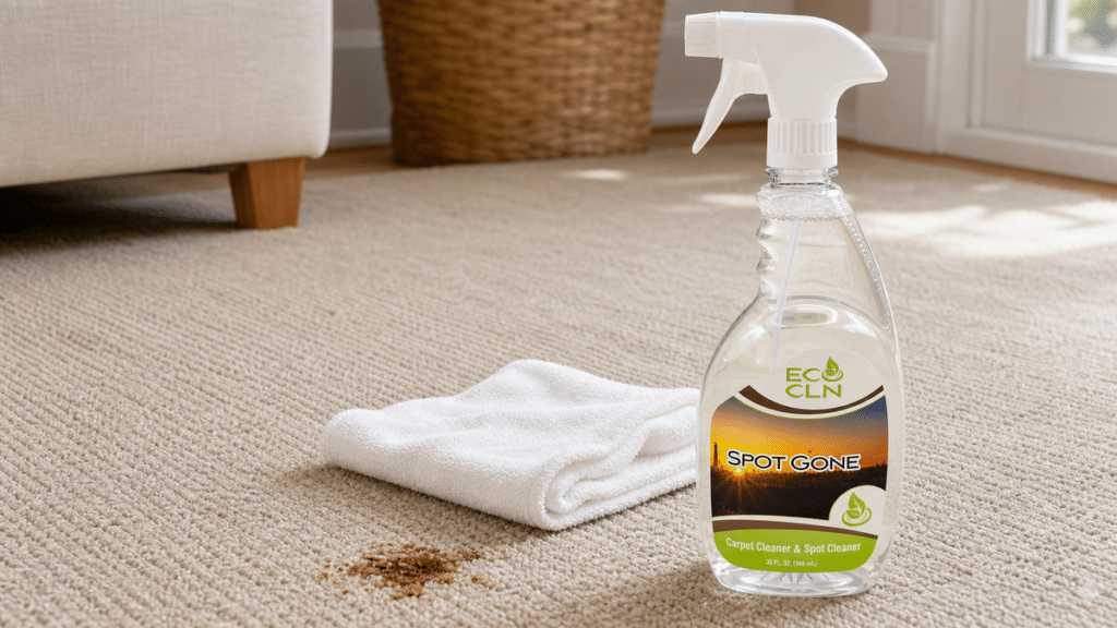 Eco Cln Spot Gone stain remover bottle beside a towel on carpet near a small household spot