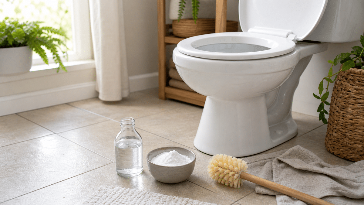 Baking soda vinegar and cleaning brush beside a clean toilet for bathroom cleaning