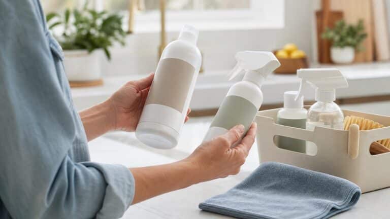 Allergy-prone homes cleaning products and checklist on a clean counter