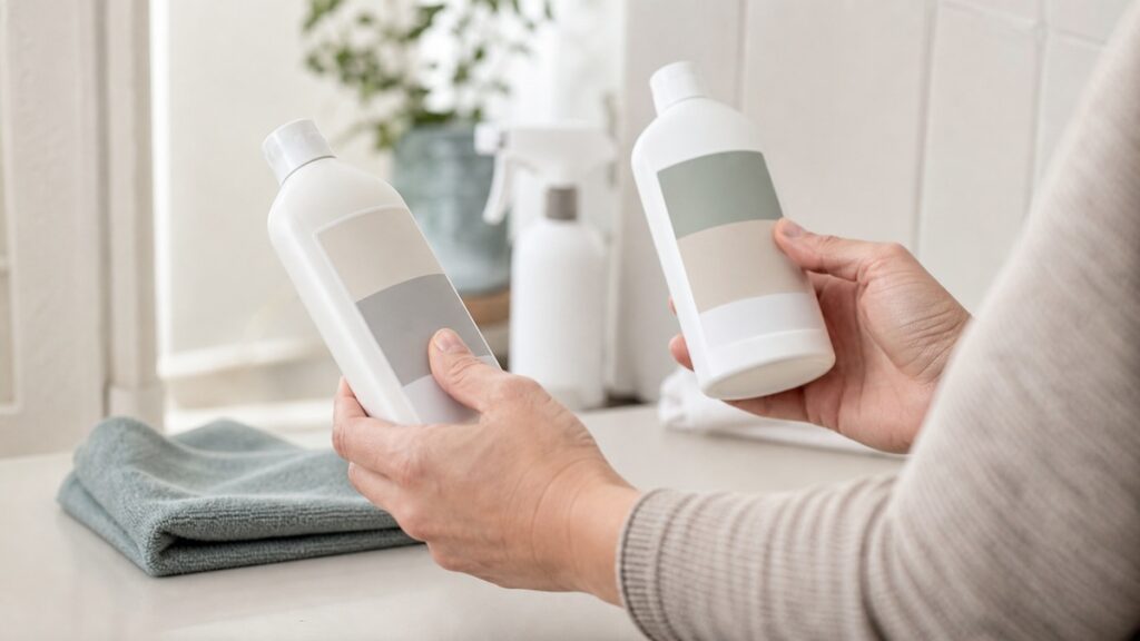 Person checking cleaning product red flags on labels for a sensitive home