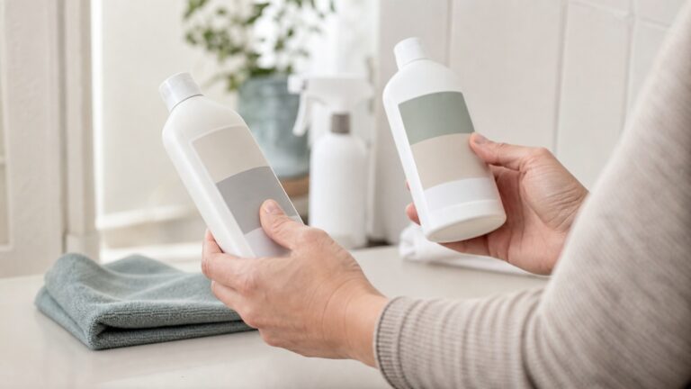 Person checking cleaning product red flags on labels for a sensitive home