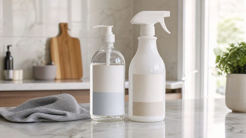 Fragrance-free cleaner and unscented cleaner bottles on a clean counter for sensitive home cleaning