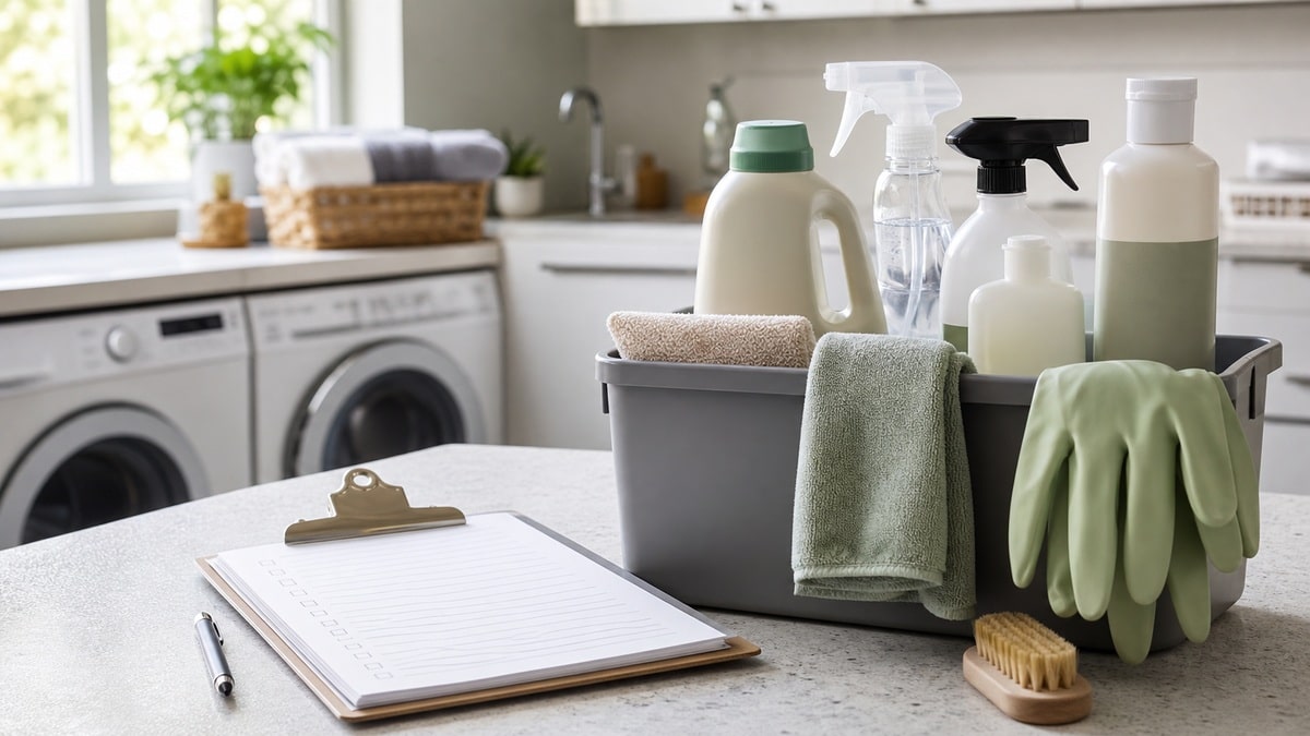 Room-by-room sensitive home cleaning checklist with cleaning caddy and microfiber cloths
