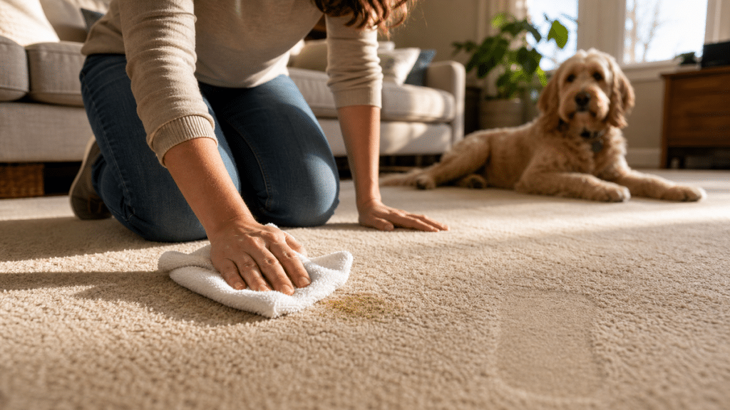 Blotting an older dog urine spot in carpet with a clean white towel.