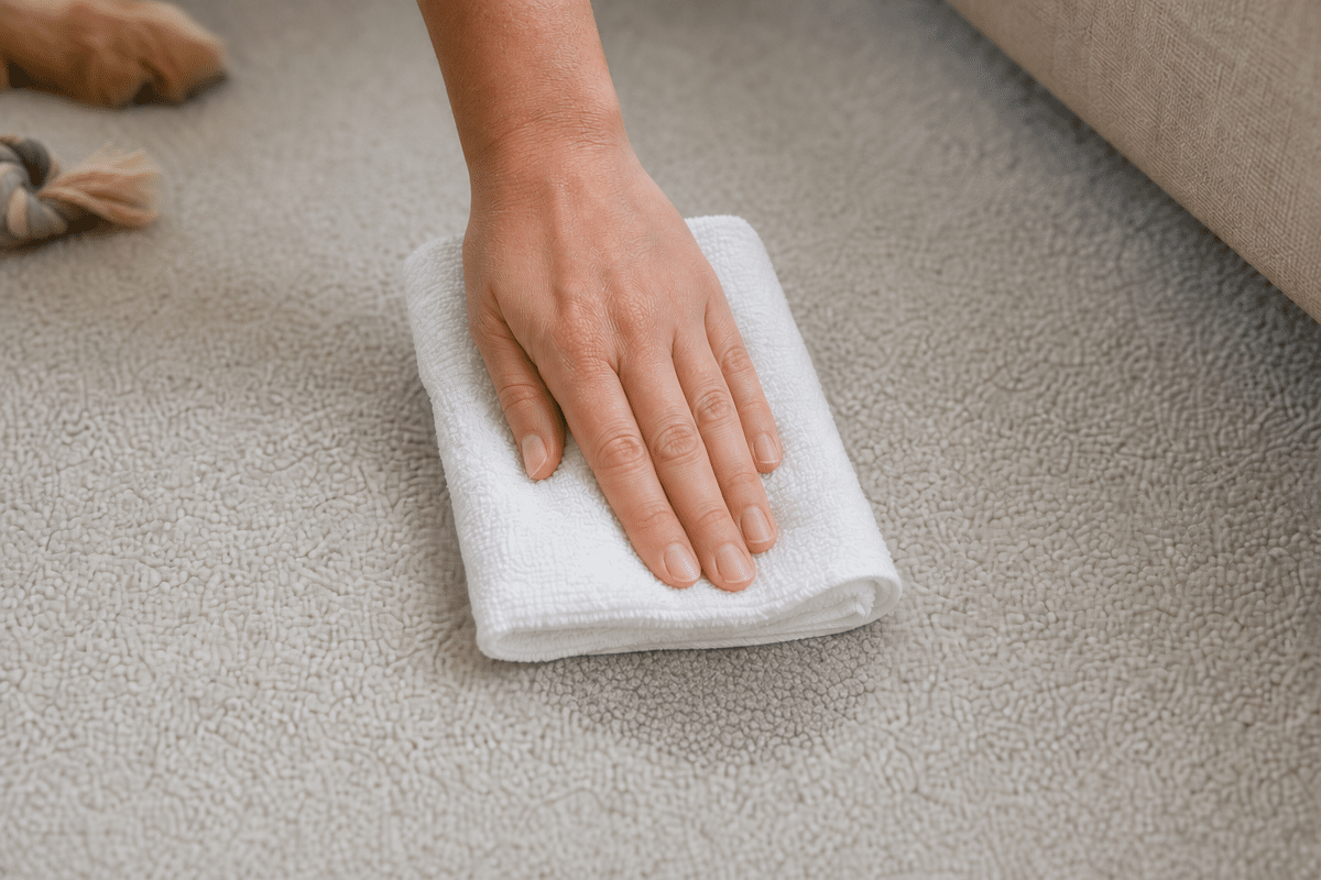 Pressing a folded white towel straight down onto a small pet accident spot in carpet.