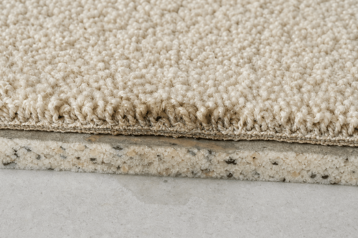 Carpet fibers, backing, and padding showing why pet urine odor can remain below the surface.