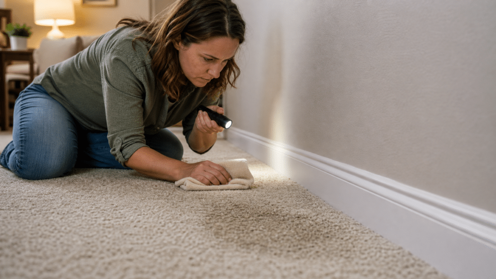Inspecting the carpet and baseboard edge when pet urine odor returns after cleaning.