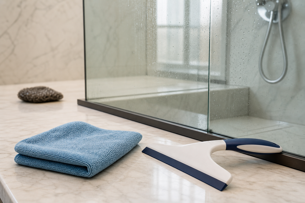 Microfiber cloth and squeegee ready for non-abrasive shower-glass cleaning.