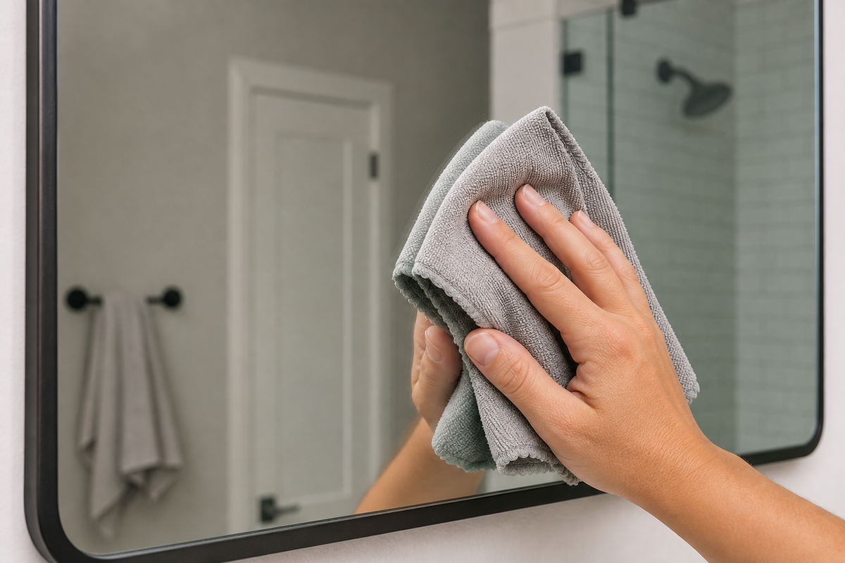 Dry microfiber cloth buffing the final faint streaks from a bathroom mirror.