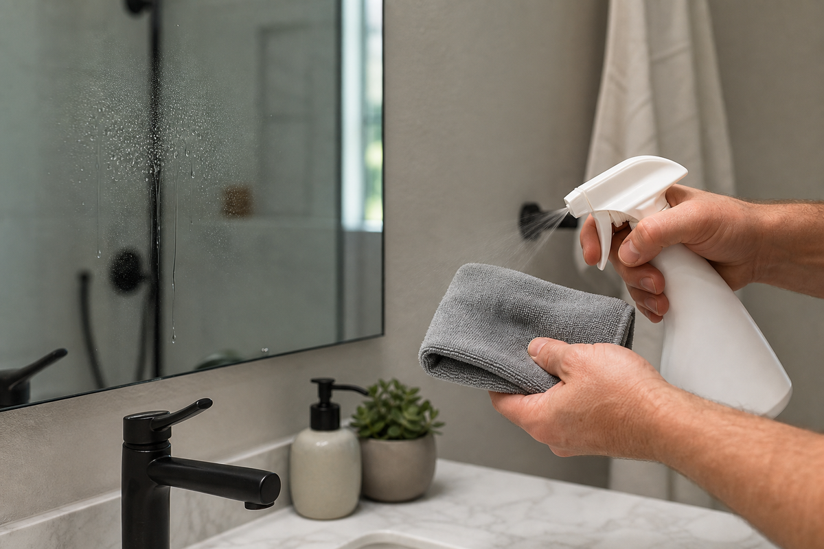 Lightly misting a microfiber cloth instead of overspraying a bathroom mirror.