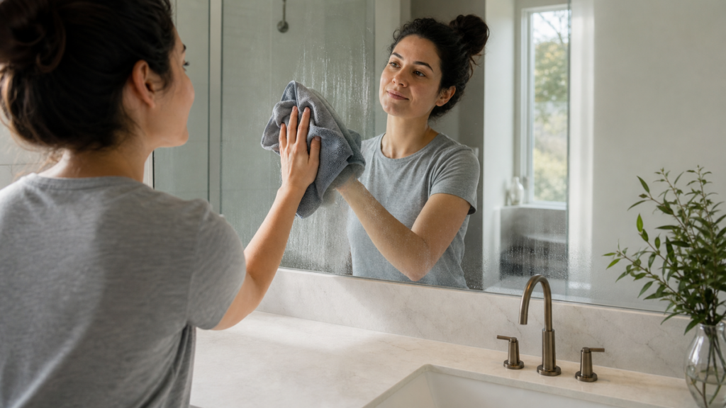 Wiping streaks and haze from a bathroom mirror with a clean microfiber cloth.