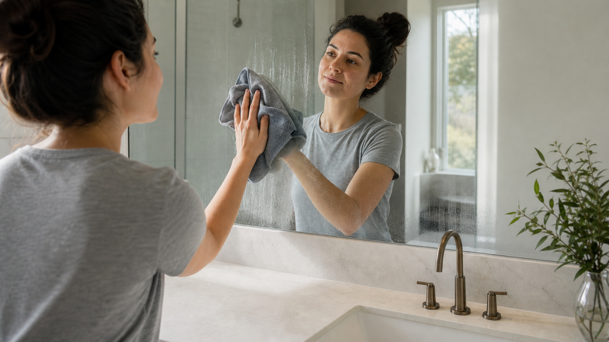 Wiping streaks and haze from a bathroom mirror with a clean microfiber cloth.