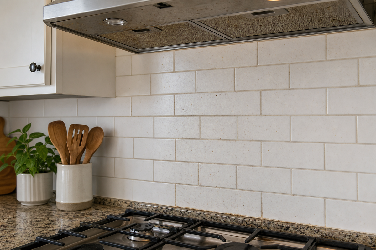 Grease buildup behind a cooktop, along backsplash edges, and beneath a range hood.