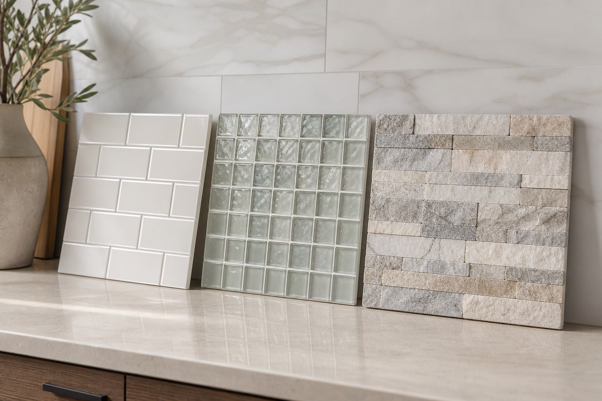 Glazed tile, glass tile, and natural stone backsplash materials with different finishes.