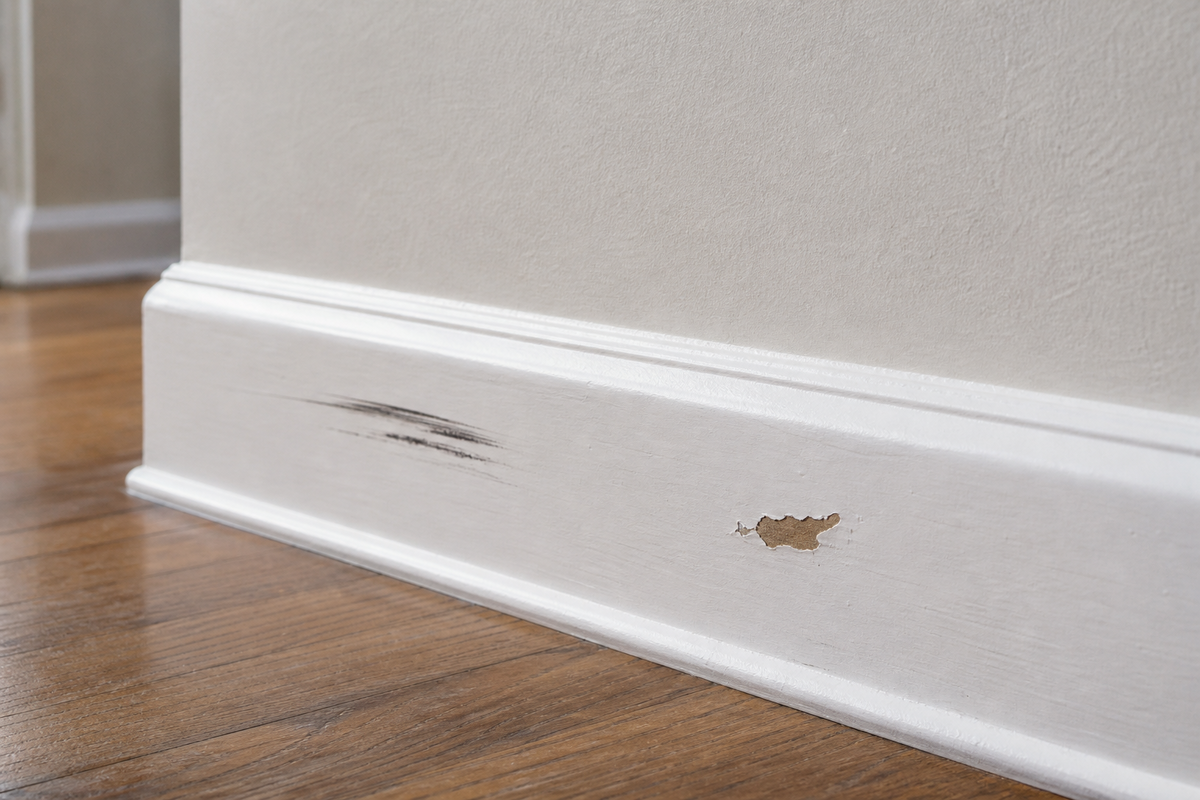 A removable baseboard scuff compared with chipped or worn paint.