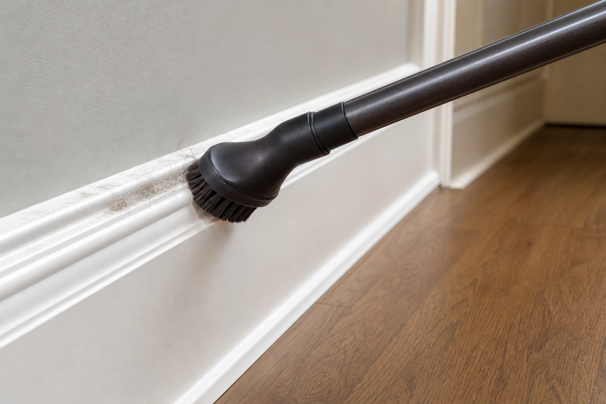 Removing dust and pet hair from baseboards before damp cleaning.