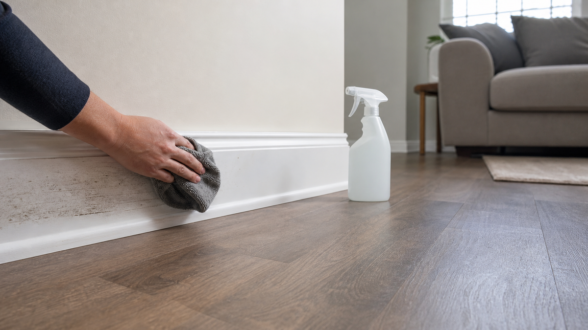 Cleaning dusty painted baseboards gently with a microfiber cloth.