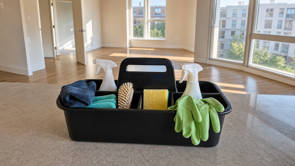 Organized cleaning caddy in an empty apartment ready for a move-out cleaning walkthrough.