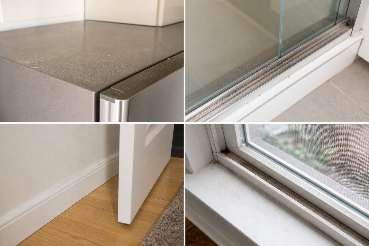 Top of a refrigerator, shower track, baseboard behind a door, and window track during move-out cleaning.