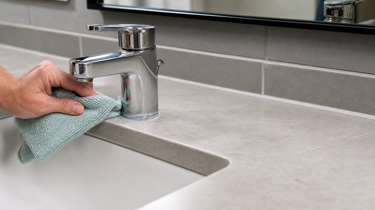 Gently wiping hard-water buildup from around a bathroom faucet base with a microfiber cloth.