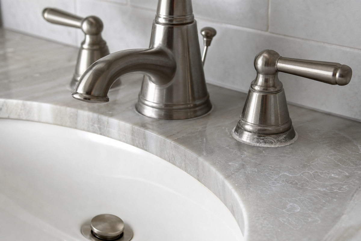 Hard water mineral rings around a faucet compared with soap film on nearby hardware.