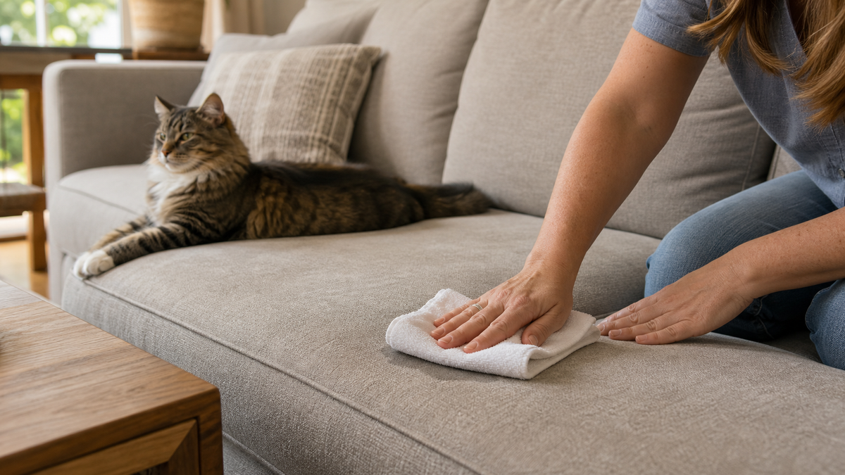 Blotting a small cat urine spot on a couch cushion with a clean white towel.