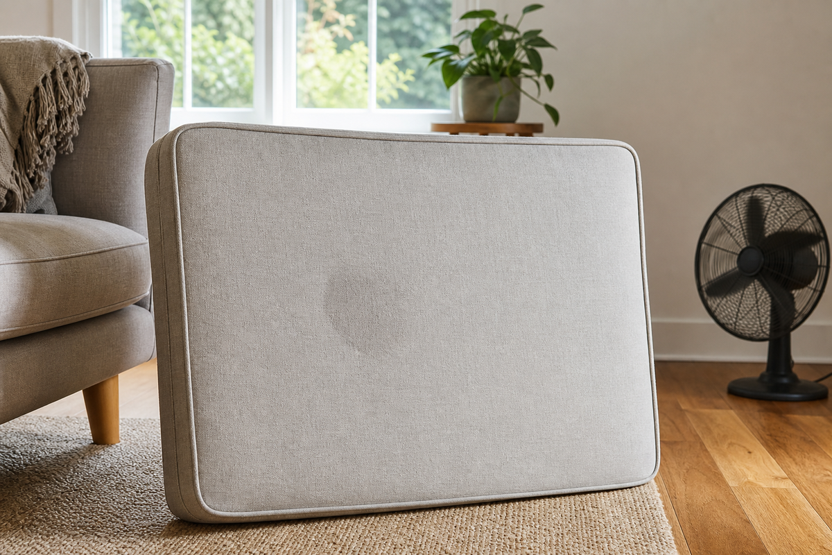 Couch cushion propped upright for airflow after controlled pet-accident spot cleaning.