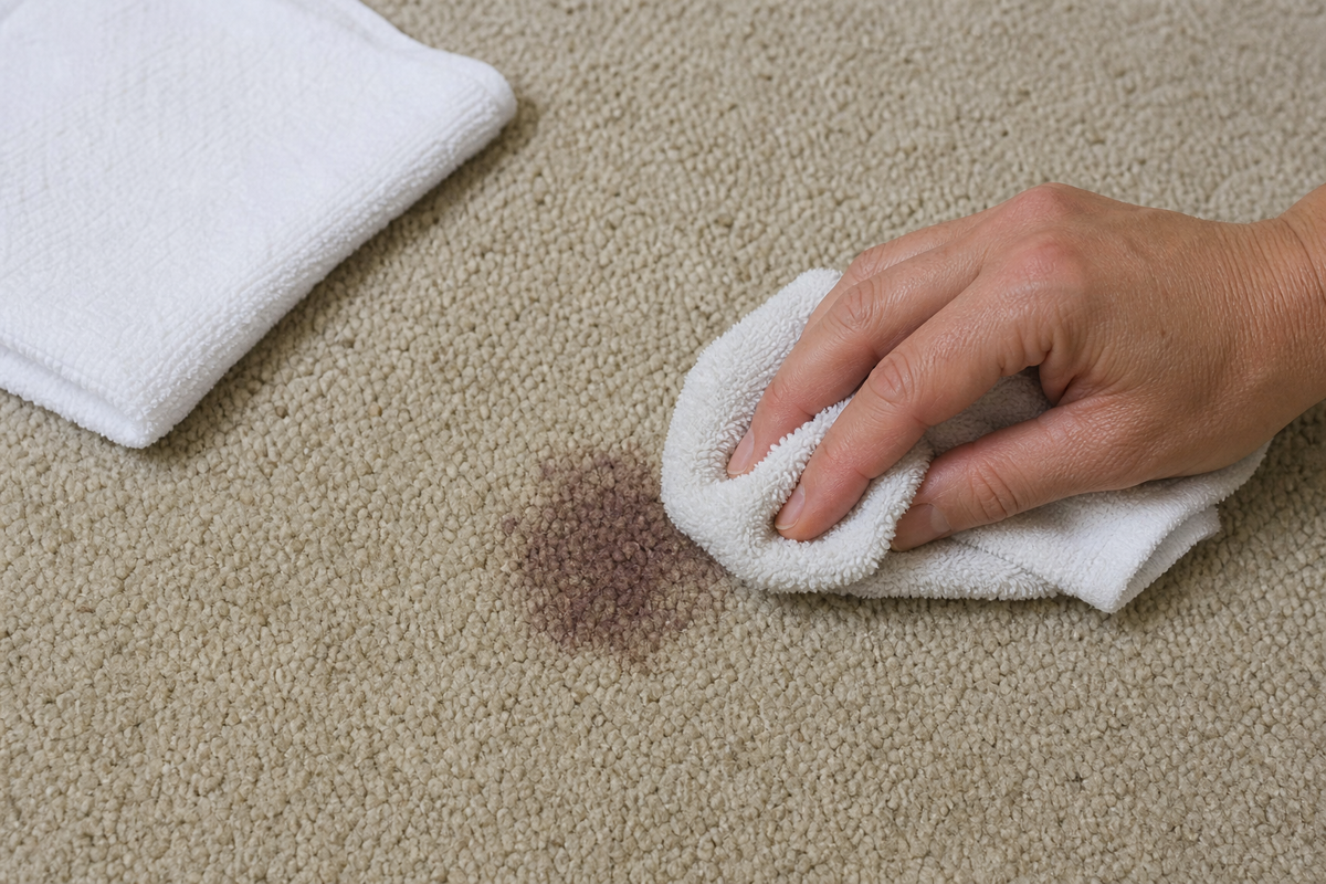 Controlled spot treatment of a dried red wine stain on carpet with clean white towels.