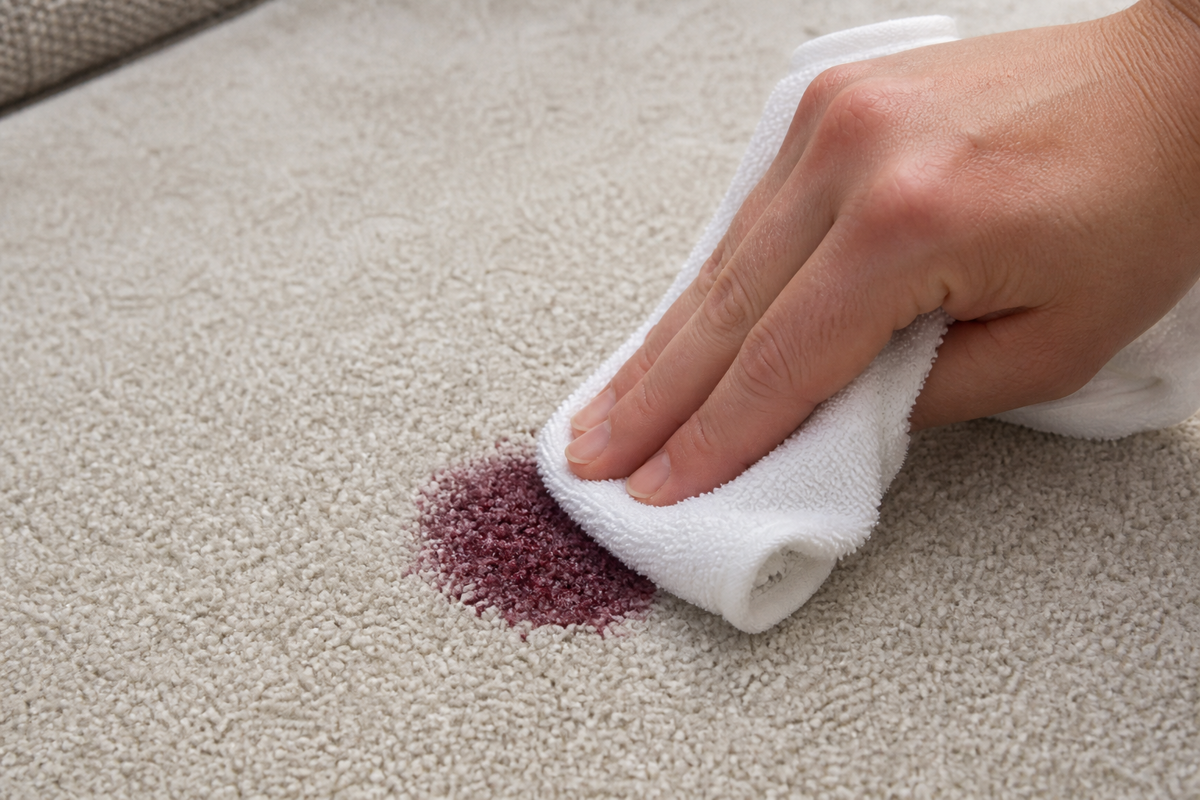 White towel blotting the outside edge of a red wine carpet stain without rubbing.